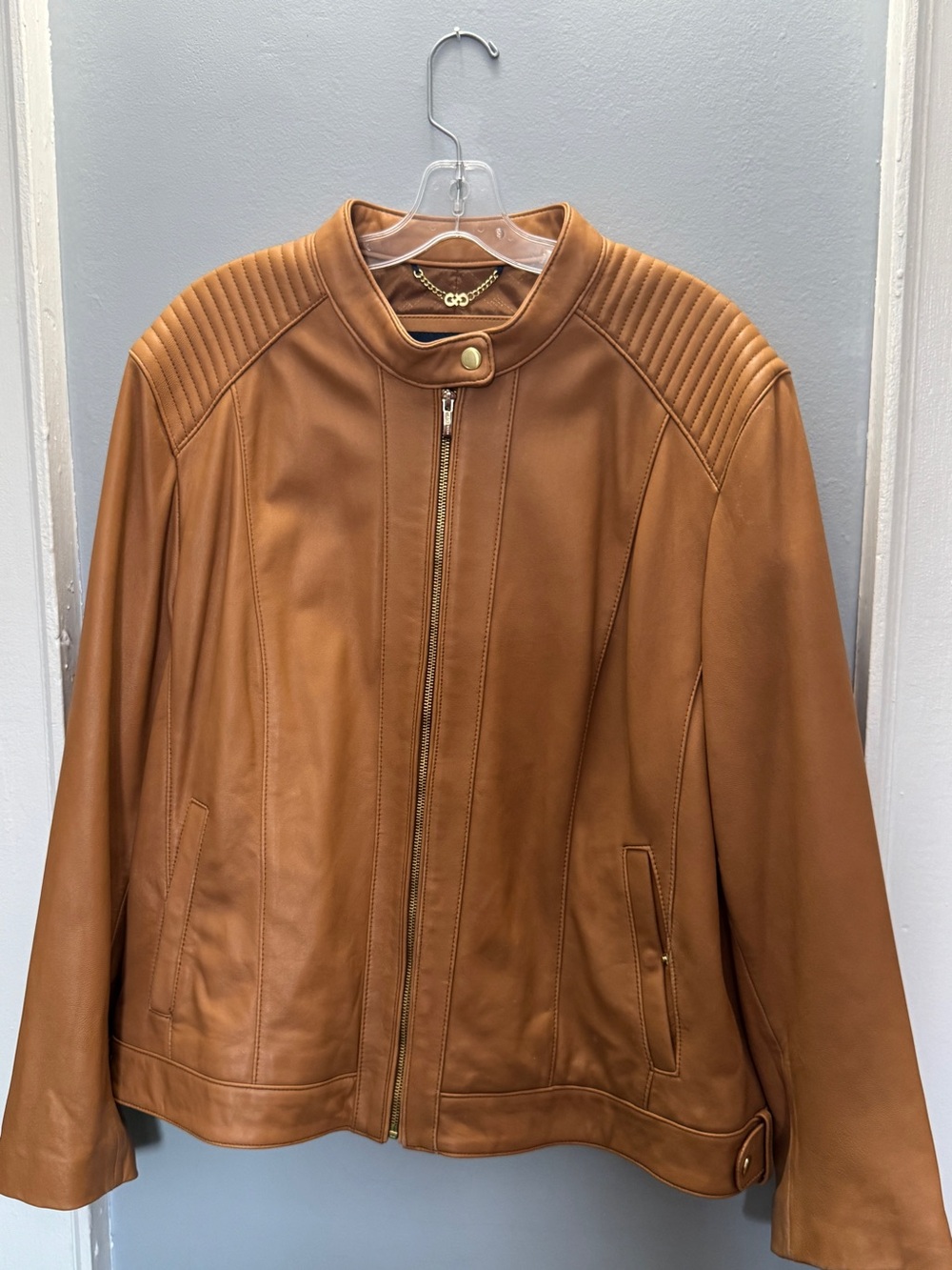 Cole Haan Lambskin 3X Genuine Leather Moto Jacket Cognac Brown Quilted Shoulder